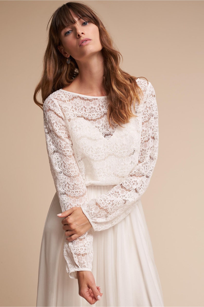 MEGHAN lace top long sleeves top crop top bridal escalope lace top eye lashes lace topper corded lace wedding top