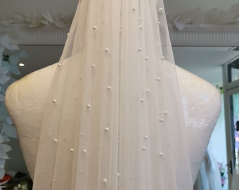 Pearl embellished single tier wedding veil cut edge bridal veil