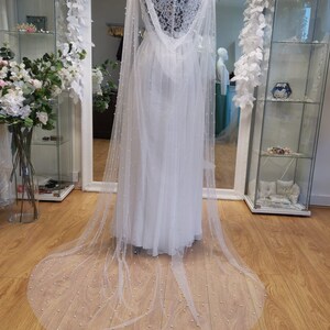 ADELINE pearl embellished Bridal caplet Bridal cover up separates Wedding wrap removable train Wedding Detachable Long Shawl image 3