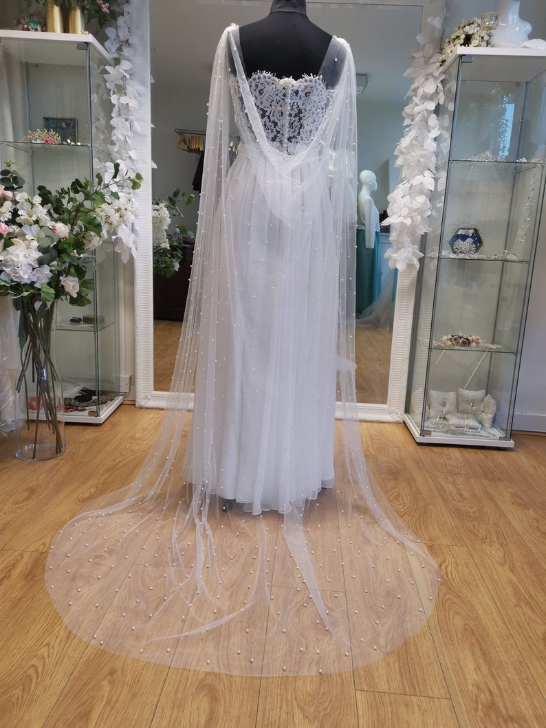 ADELINE pearl embellished Bridal caplet Bridal cover up separates Wedding wrap removable train Wedding Detachable Long Shawl image 3