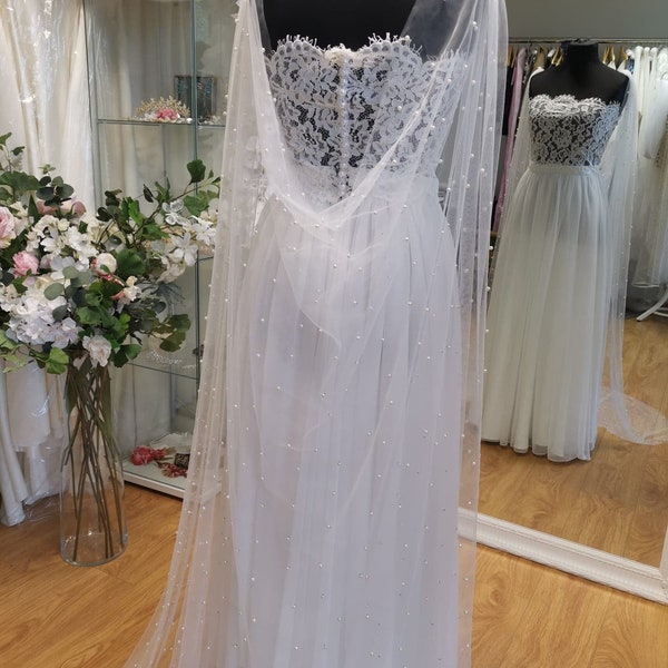 ADELINE pearl embellished Bridal caplet Bridal cover up separates Wedding wrap removable train Wedding  Detachable Long Shawl