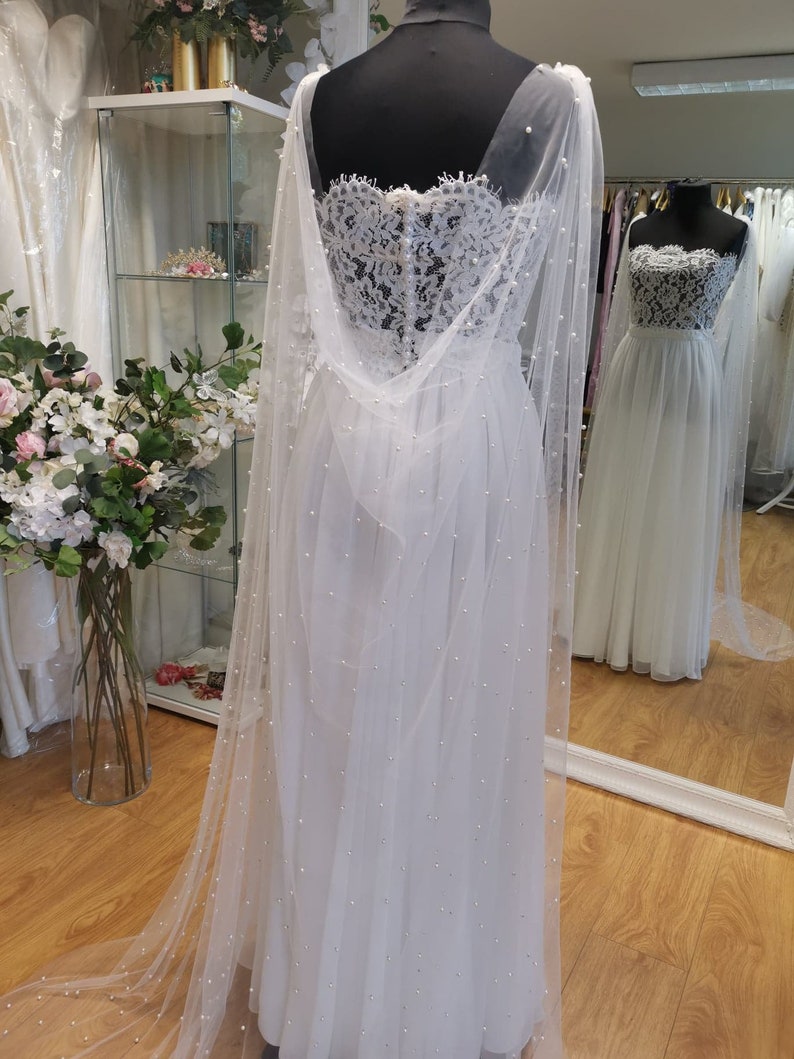 ADELINE pearl embellished Bridal caplet Bridal cover up separates Wedding wrap removable train Wedding Detachable Long Shawl image 1