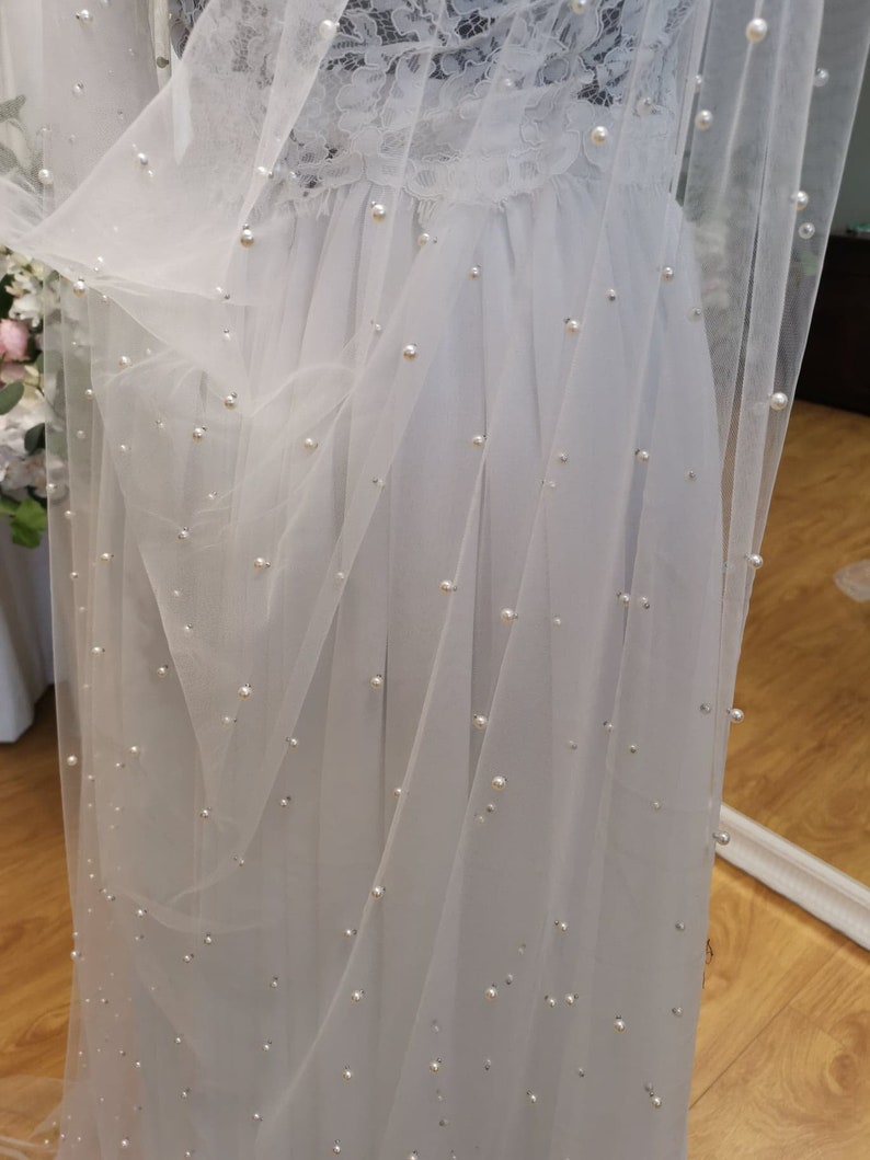 ADELINE pearl embellished Bridal caplet Bridal cover up separates Wedding wrap removable train Wedding Detachable Long Shawl image 5