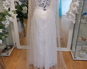 MAGNOLIA Champagne Glitter Tulle  embellished With Gold Stats Bridal caplet cover up separates Wedding wrap removable train