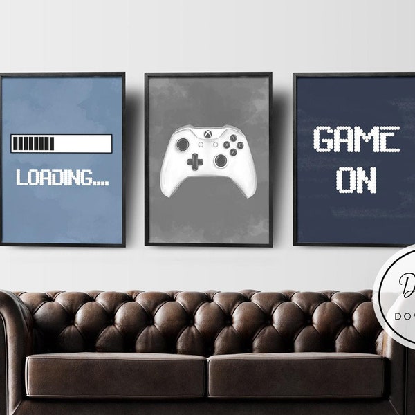 Video Game Wall Art, Gaming Wall Art Set of 3, Blue Gray Nursery Prints for Boy, Gaming Prints Set, Gaming Room Decor, Video Game Party