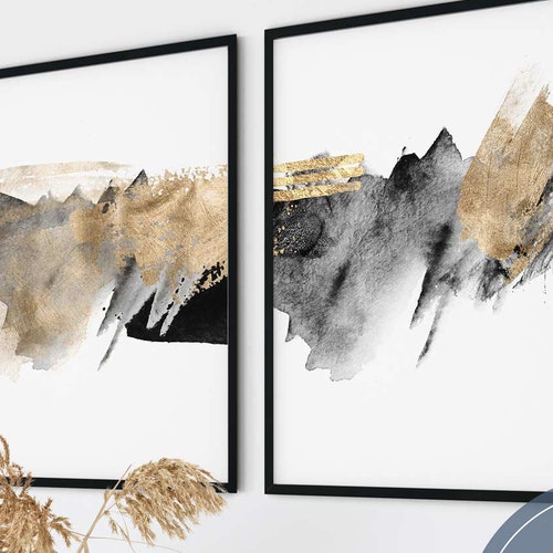 Black and Gold Wall Art Set of 2 Modern Abstract Wall Art Etsy