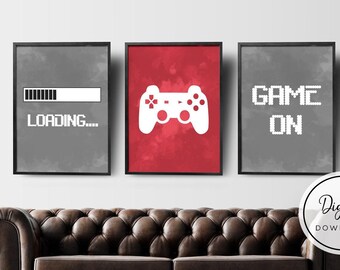 Video Game Decor, Video Game Wall Art, Gaming Prints Set, Gaming Wall Art Set of 3, Blue Red Nursery Prints for Boy, Gaming Decor, Digital