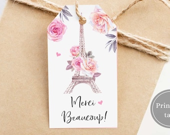 Paris Thank You Tags Printable, French Paris Bridal Shower Thank You Tags, Merci Beaucoup, Paris Favor Tags, Paris Baby Shower Gift Tags, P3