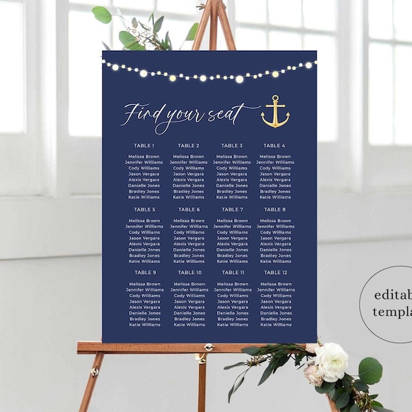 Nautical Wedding Seating Chart Template, Ocean Seating Chart, Sea Wedding Seating Card, Seating Plan Sign Digital, Editable Download, N2