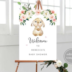 Bunny Baby Shower Welcome Sign Template, Pink Floral Welcome Sign, Girl Baby Shower Welcome Sign, Rabbit Baby Shower Welcome Sign, B7