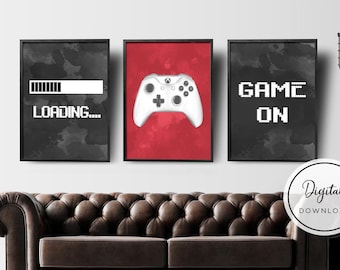 Video Game Wall Art, Gaming Prints Set, Gaming Wall Art Set of 3, Black Red Nursery Prints for Boy, Gaming Room Decor, Video Game Party