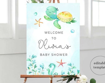 May include: A blue and green watercolor illustration of a sea turtle with a starfish and seaweed. The text "Welcome to Olivia's Baby Shower" is written on the sign.