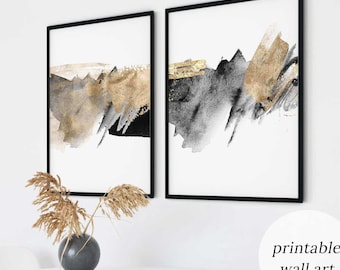Black and Gold Wall Art Set of 2, Modern Abstract Wall Art Set, Scandinavian Wall Art Set, Abstract Bedroom Wall Art Set of 2, Digital