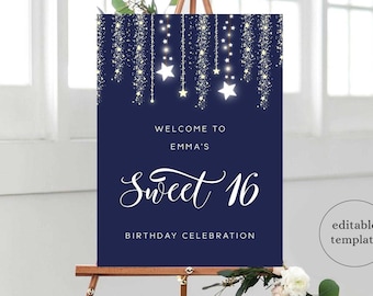 Könnte beinhalten: Ein dunkelblaues Willkommens-Schild mit weißem Text und Sternen. Das Schild lautet "Willkommen zu Emmas Sweet 16 Geburtstagsfeier".