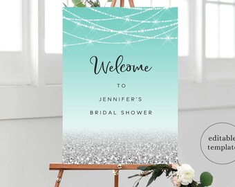 Blue Silver Bridal Shower Welcome Sign Template, Turquoise Teal Bridal Shower Welcome Sign, Aqua Bridal Shower Welcome Sign, Digital, T11