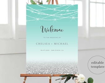 Blue Silver Wedding Welcome Sign Template, Teal Wedding Welcome Sign, Aqua Blue Wedding Welcome Sign, Turquoise Wedding Welcome, T11