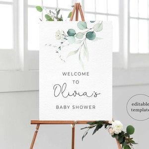Greenery Baby Shower Welcome Sign, Greenery Baby Shower Template, Eucalyptus Welcome Sign Digital, Botanical Baby Shower Welcome Sign, E1