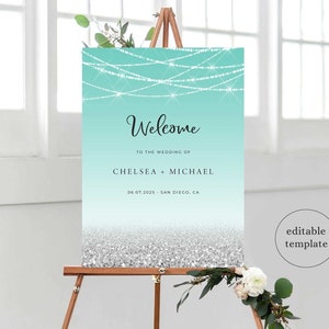 Blue Silver Wedding Welcome Sign Template, Teal Wedding Welcome Sign, Aqua Blue Wedding Welcome Sign, Turquoise Wedding Welcome, T11