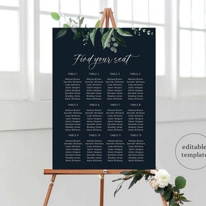 Botanische Hochzeit Sitzplan Vorlage, Grün Schwarz Hochzeit, Sitzplan Zeichen, bearbeitbarer Download, D2
