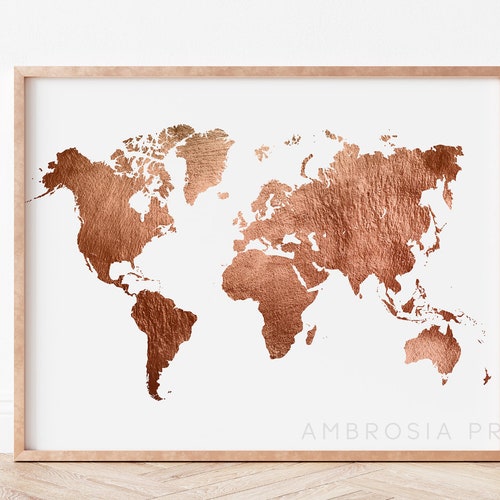World Map Wall Art Rose Gold Print World Map Poster Rose Etsy