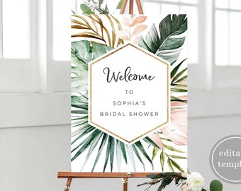 Tropical Bridal Shower Welcome Sign Template, Palm Bridal Shower Welcome Sign, Engagement Welcome, Beach Welcome Sign Template, T10