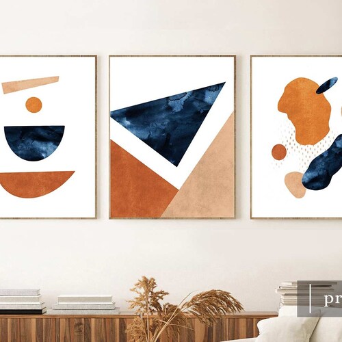 Blue Orange Wall Art Set Navy Burnt Orange Wall Art Set of 3 Etsy