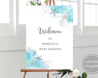Beach Baby Shower Welcome Sign Template, Ocean Baby Shower Welcome Sign, Shell Under the Sea Baby Shower Welcome Sign, Editable, B10