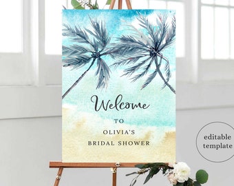 Beach Bridal Shower Welcome Sign Template, Ocean Bridal Shower Welcome Sign, Beach Bridal Shower Decor, Palm Bridal Shower Welcome Sign, B9