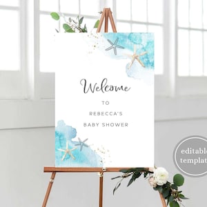 Beach Baby Shower Welcome Sign Template, Ocean Baby Shower Welcome Sign, Shell Under the Sea Baby Shower Welcome Sign, Editable, B10