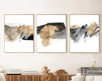 Black and Gold Wall Art Set of 3, Modern Abstract Wall Art Set ...