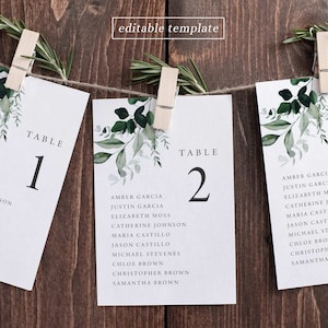 Greenery Hochzeit Sitzplan Vorlage, Greenery Sitzkarte, Botanische Hochzeit Sitzkarte, Sitzplan Schild, Editierbarer Download, L3
