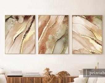 Gold Wall Art Set of 3, Abstract Gold Prints, Marble Wall Art, Gold Bedroom Art, Modern Gold Wall Art Set, Marble Wall Art Printable