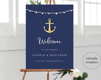 Nautical Wedding Welcome Sign Template, Anchor Wedding Welcome Sign, Ocean Beach Wedding Welcome Sign, Navy Blue White Gold, N2
