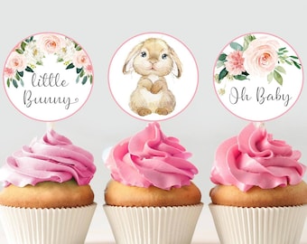 Bunny Baby Shower Cupcake Toppers, Bunny Baby Shower Decorations, Blush Pink Floral Baby Shower Decor, Bunny Baby Shower Favor Tags, B7