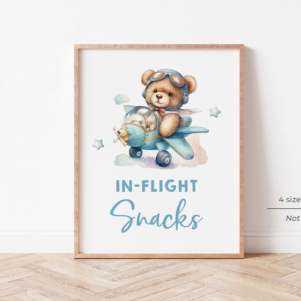 Airplane In Flight Snacks Sign, Airplane Favors Sign, Travel Airplane Baby Shower Decorations, Teddy Bear Aviator Baby Shower, A2