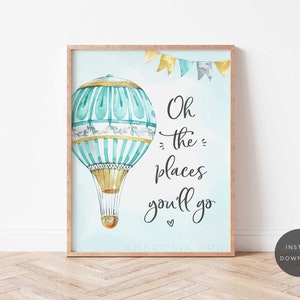 Oh The Places You'll Go Nursery Wall Art, Travel Nursery Decor, Hot Air Balloon, Boy Nursery Wall Art, Travel Nursery Wall Art for Boy, A1