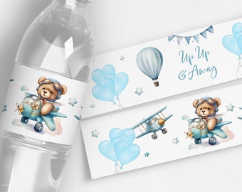 Airplane Baby Shower Decorations, Adventure Bottle Labels Printable, Airplane Water Bottle Labels, Aviator Teddy Bear Baby Shower, A2