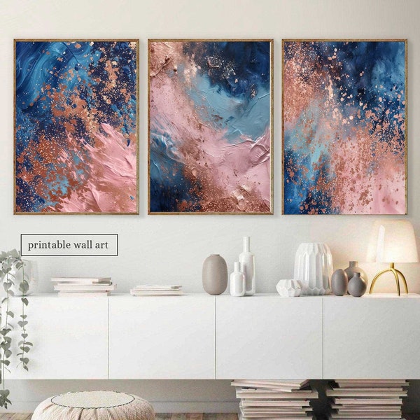 Navy Pink Wall Art Set of 3, Mdoern Abstract Prints Set Blue Pink Wall Art Prints, Abstract Bedroom Wall Art Set, Abstract Colorful Art Set