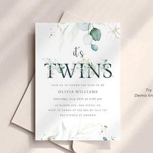 Twins Baby Shower Invitation Template, Twins Baby Shower Invitation Gender Neutral, Eucalyptus Greneery Baby Shower Invitation Twins, E1
