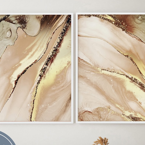 Gold Wall Art Set of 3 Abstract Gold Prints Marble Wall Art Etsy