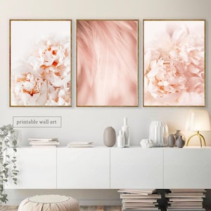 Blush Pink Wall Art Set of 3, Pink Floral Wall Art Set of 3, Peony Wall ...