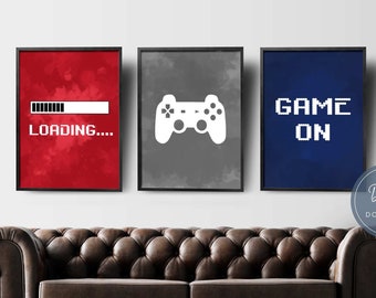 Video Game Wall Art, Gaming Prints Set, Gaming Wall Art Set of 3, Blue Red Nursery Prints for Boy, Gaming Room Decor, Video Game Party