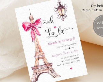 Editable Paris Birthday Invitation Template, Paris Birthday Party Invitation, Eiffel Tower, Oh La La, Paris Theme Birthday Party, P3