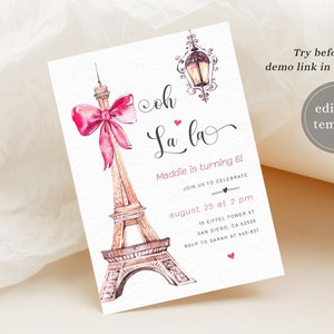 Editable Paris Birthday Invitation Template, Paris Birthday Party Invitation, Eiffel Tower, Oh La La, Paris Theme Birthday Party, P3 image 1