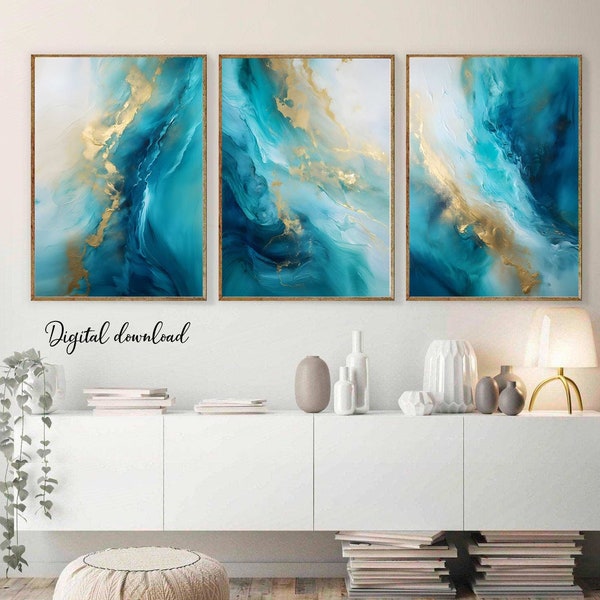 Teal Wall Art Set of 3, Teal Gold Prints, Turquoise Wall Art, Aqua Blue Gold Wall Art Set of 3, Abstract Blue Wall Art Printable, Download