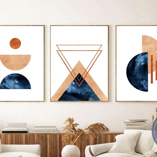 Abstract Wall Art Blue Orange and Gold Set of 3 Printable Etsy