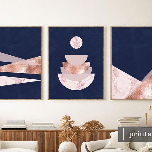 Navy Rose Gold Wall Art Set of 3 Blue Pink Wall Art Rose Etsy