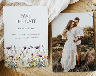 Wildflower Save the Date Template, Floral Rustic Save the Date Card with Picture, Wild Flower Wedding Save the Date, Instant Download, WF3
