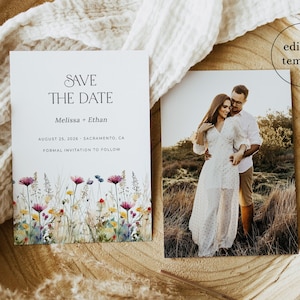 Wildflower Save the Date Template, Floral Rustic Save the Date Card with Picture, Wild Flower Wedding Save the Date, Instant Download, WF3