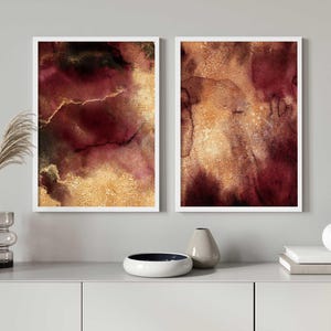 Burgundy Wall Art Set of 2, Burgundy Gold Wall Art Printable, Red and Gold Wall Art Printable, Modern Red Abstract Prints, Watercolor Art
